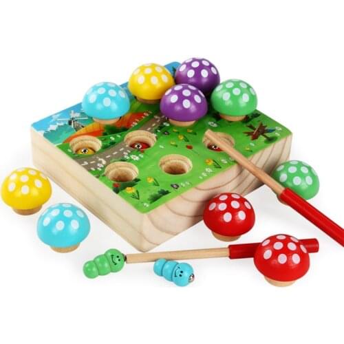 Montessori Materials Magnetic Fishing Mushroom Forest Insect Catching Kids Toy Wooden Magnets Educational Toys For Children