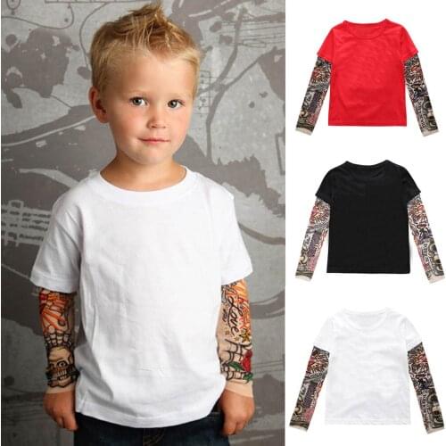 Fashion Toddler Infant Baby Kids Boys Long Sleeve Cotton T-Shirt Casual Mesh Patchwork Tattoo Printed Sleeve Tee Tops Clothes#p4