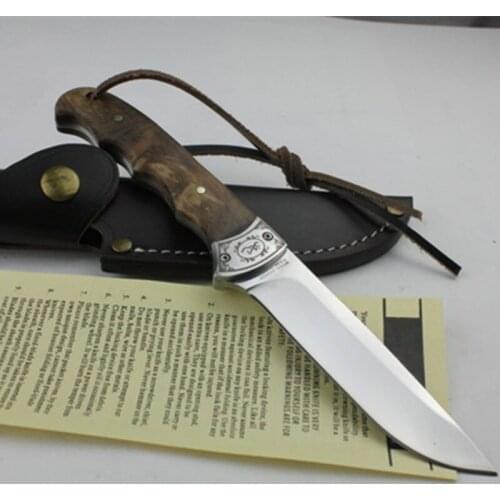 OEM Fixed Tactical Hunting Knife Camping Survive Knives High Polished Blade+ Rose Wood Handle+Genuine Leather Case