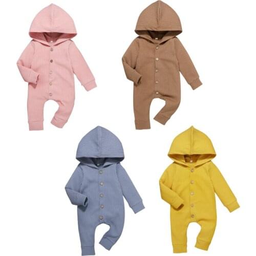 0-18M Newborn Baby Boy Girl Solid Color Long Sleeve Single Breasted Hooded Romper Jumpsuit Cotton Clothes