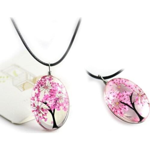 Hot Charm 8 Color Handmade Dried Flower Necklace Crystal Glass Ellipse Pendant Necklace Classic Black Wax Rope for Women Jewelry