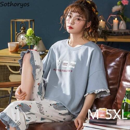 Pajama Sets Women Oversize 5XL Loose Leisure Ruffled Calf-length Nightwear Lovely Student Soft Korean Style Comfortable Popular