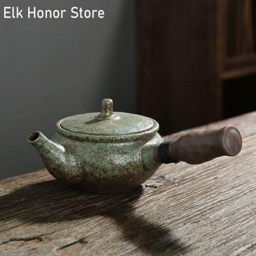 Retro Japanese Style Coarse Green Ceramic Teapot Handmade Side Handled Teapot Household Teaware Kung Fu Tea Pu'er Teakettle Gift
