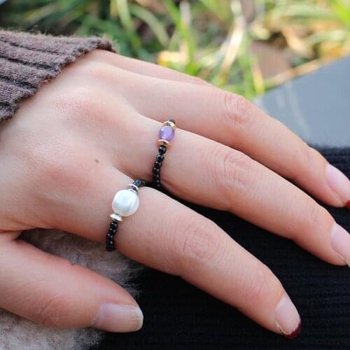 Handmade Natural Stone Obsidian Rings Bohemia Multi Color Elastic Adjustable Crystal Pearls Agate Ring Charm Jewelry Gift