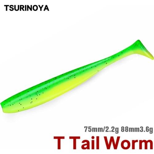 TSURINOYA 75mm 88mm T Tail Wrom Fishing Lures Soft Lure Artificial Bait Tackle Jerkbaits Pike Bass Double Color Baits