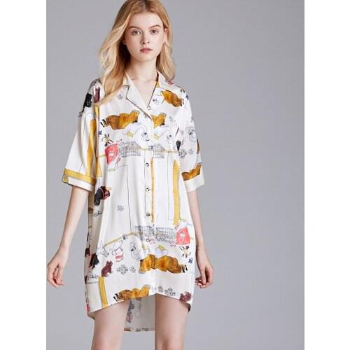 Shirt Styles Silk Nightdress Pajamas Suit Women Spring Summer Pyjamas Lapel Happy Elephants Sleepwear Homewear Short Pants