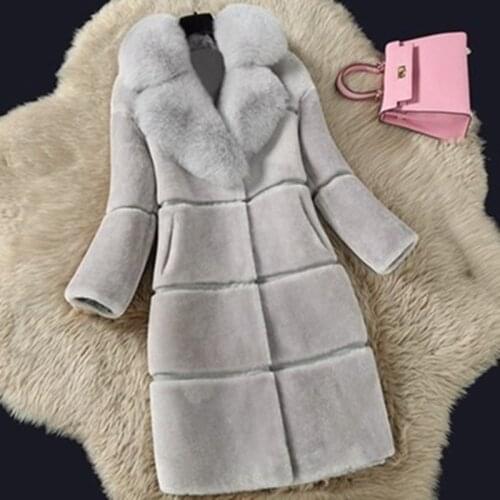 Faux Fur Coat Women Winter Female Sheepskin Coats Pure Color Faux Fox Fur Collars Snap Fastener Furs Plus Size D190805