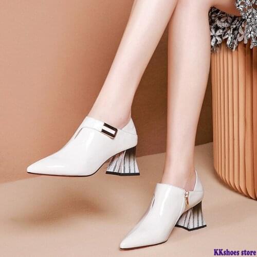 Spring/Fall Womens Shoes Woman High Heels Soft LEATHER Pointed toe Women Pumps Square Buckle Sticker Sock Free White Black