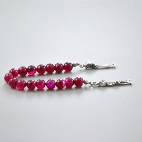 Cherry Color Ceyd Stone Stress Chain Polshak Mascot Rosary 7 mm. Globe Cut 925 Sterling Silver Embellished
