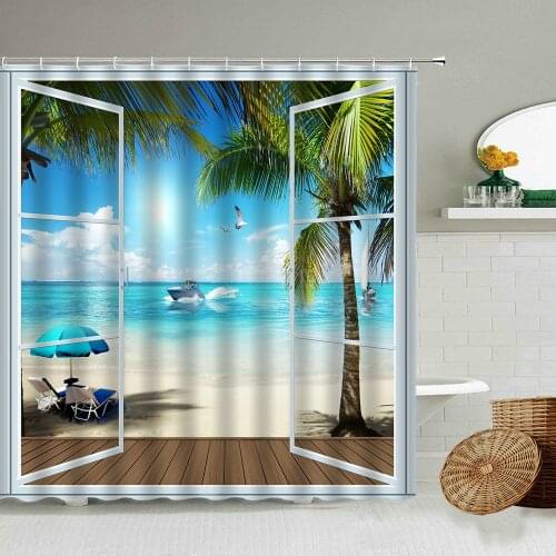 Window Sea View Sunny Beach Coconut Tree Bathroom Waterproof Shower Curtain Summer Vacation Blue Ocean Nature Photography Screen