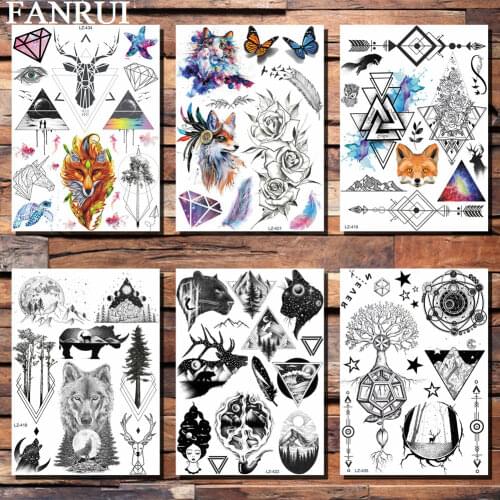 FANRUI Men Women Temporary Tattoo Rose Fox Body Art Fake Tatoo Sticker Waterproof Galaxy Triange Leopard Deer Henna Tattoo Paper