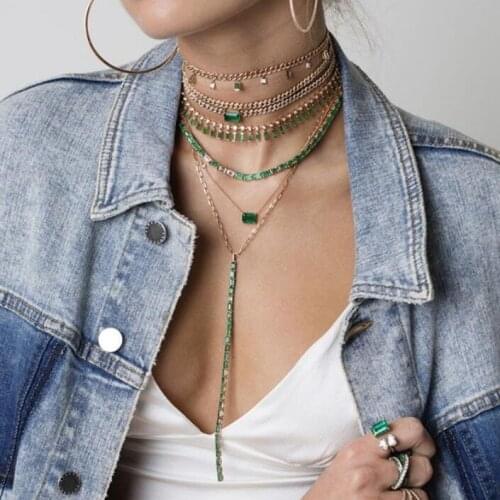 Iced out bling hip hop women multi layer jewelry rainbow baguette cz drop charm gold filled miami cuban 32+10cm choker necklaces