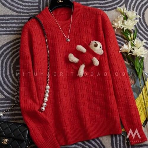 Cute Pocket Bear Wool Sweater Womens 2021 Autumn And Winter New Red Top