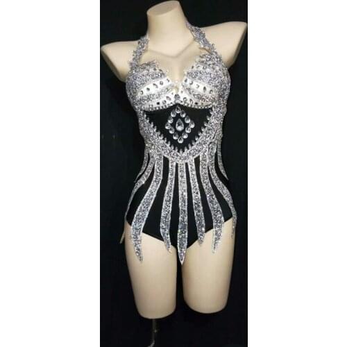 Flashing Silver Rhinestone Dress Fringe Gloves Outfit Women Dancer Prom Crystal Bodysuit Dresses Party Night Singer Show Costume