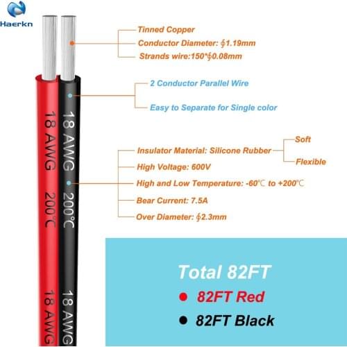 2pin Extension Cable Wire Cord18awg Silicone Electrical Wire 50m [Black 25m Red 25m] 2 Conductor Parallel Tinned copper wire