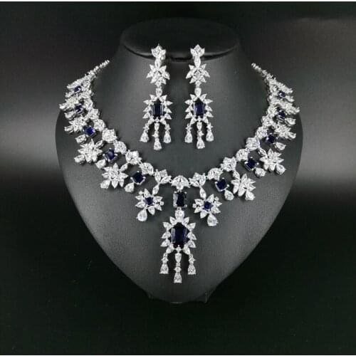 2021 new fashion luxury elegant blue flower cubic zirconia necklace earring set,wedding bride dinner party formal jewelry set