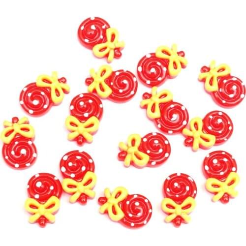 50Pcs Red Lollipop Yellow Bow Decoration Crafts Beads Frame Flatback Cabochon Scrapbook Kawaii DIY Embellishments Accessories