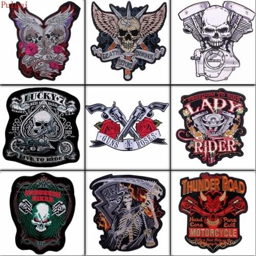 Pulaqi DIY Big Biker Patches For Clothes Iron On Patches Large Punk Skull Motorcycle Embroidered Patch Jacket Accessory Washable