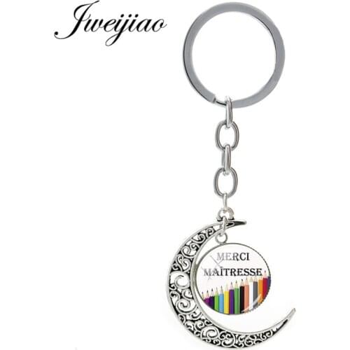 JWEIJIAO Merci Maitresse Moon Pendant Keychain French Letter Key Chain Ring For Teachers Custom Gift Ct294