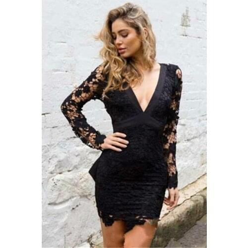 Black Lace Short/Mini Cocktail Dresses with Bow Open Backless Club Wear Dress V Neck Long Sleeves Vestidos De Festa