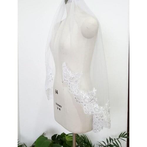 Long 90CM bridal veils sequined lace bling 1 layer white ivory bridal wedding veil with comb about 90cm bridal applique vail