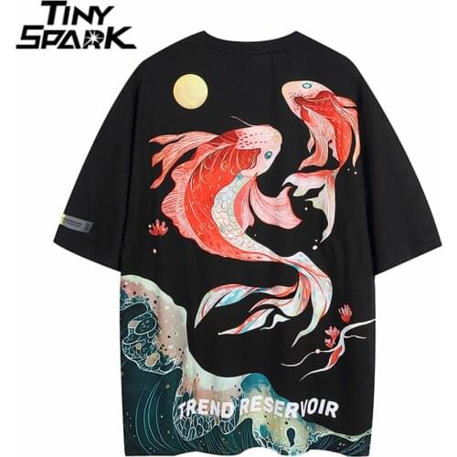 Men Streetwear T Shirt Hip Hop Letter Fish Print Harajuku Tshirt 2021 Summer Short Sleeve T-Shirt Cotton Casual Tops Tees Black