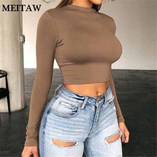 Women Autumn White Tee Shirt Sexy Slim Crop Tops 2020 Casual Solid O-Neck Long Sleeve T Shirt Korean Basic Tee