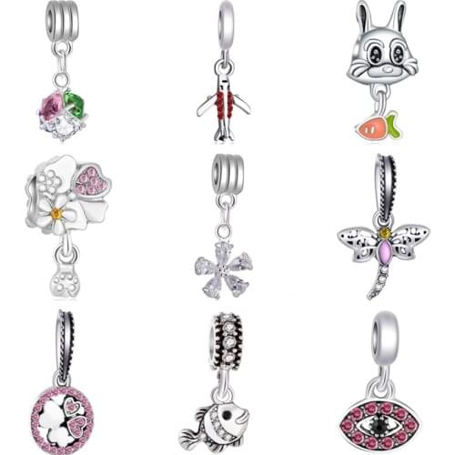 Btuamb Hot Sale Crystal Rabbit Fish Umbrella Moon Dragonfly Evil Eyes Aircraft Pendants Fit Pandora Charms for Women DIY Jewelry
