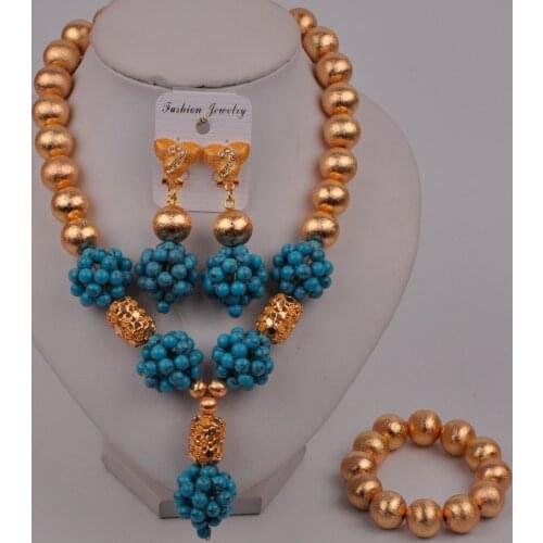 Fashion Nigeria Wedding African Beads Jewelry Set Semi Stone Necklace Dubai Gold Bridal Jewelry Set Free Shipping