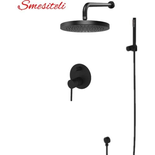 Smesiteli Wall Mount Brass Bathroom Shower Set Black Rainfall Shower Head & Handheld Solid Brass Holder Shower Diverter Kit