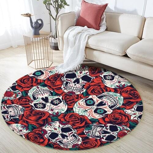 Tapis De Chambre Floral Skull Non-slip Flannel Area Rug Bedroom Bone Round Rug Black White Floor Mat Floral Decoration Mat