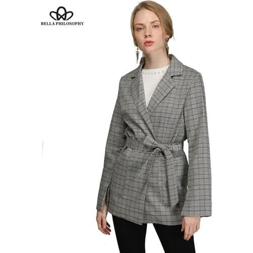 HStar Autumn Women Vintage Jacket Long Split Sleeve Bow Sashes Female Plaid Blazer Loose Jacket Office Lady Feminino