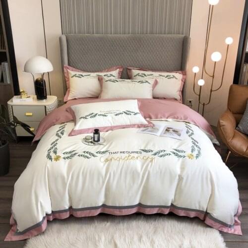 Luxury White Pink Satin Embroidery Egyptian Cotton Duvet Cover Bed Linen Fitted Sheet Pillowcase Bedclothes King Queen Size 4PCS