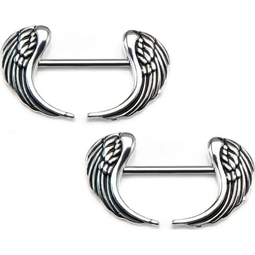 2pcs Retro Barbell Nipple Ring Piercing Bar Angel Wing Stainless Steel Breast Rings Shield for Women Sexy Body Jewelry Gift 14G