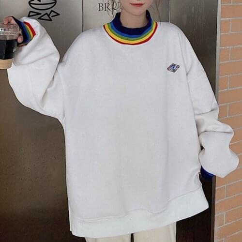 Rainbow Sweatshirt Hoodies Oversize Velvet Autumn Winter Loose Korean Women Clothes Coat Long Sleeve Harajuku Hoodies Streetwear