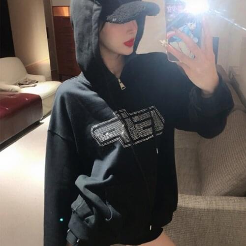 E-girl Vintage Long Sleeve Tops Black Sweatshirts Y2k Fashion Rhinestone Letter Zipper Oversized Hoodies 2021 Autumn Streetwear