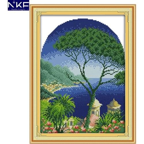 NKF The Evergreen Tree Stamped Cross Stitch Pattern DIY Kits Needlework Embroidery Set Chinese Cross Stitch for Home Decor