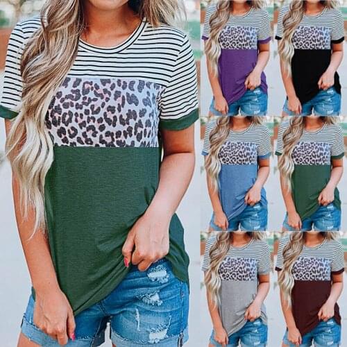 Woman Tshirts Summer 2021 New Ladies Round Collar Stripe Leopard Bump Color Short Sleeve Female Harajuku T Shirt Women BX088