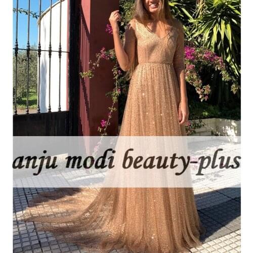 2021 Long Sparkly 3/4 Sleeves V Neck Prom Dresses A Line Open Back Formal Evening Party Gowns Robe De Soiree