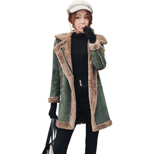 Mid-length Lamb Wool Coat Women New Autumn Winter Korean Version Ladies Deerskin Velvet Lapel Slim Cotton Jacket Green JD1471