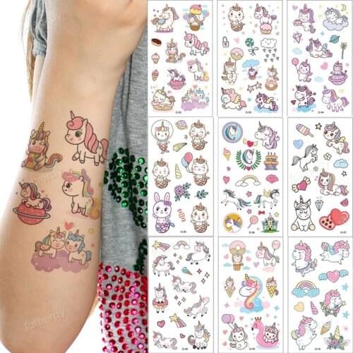 10pcs/lot unicorn rainbow temporary tattoos for kids hand face tattoo children forest cartoon tattoo cute set waterproof water