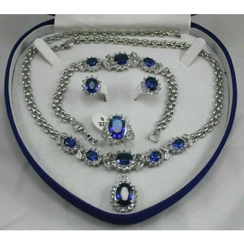 18K GP White Gold Blue Sapphire Set Earring Bracelet Necklace j
