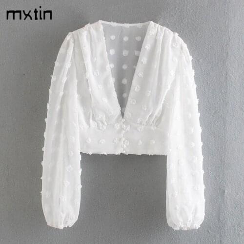 2021 Spring Fashion Dot Chiffon Cropped Blouse Women Vintage V Neck Lantern Sleeve Female Shirts Casual Blusas Womens clothing