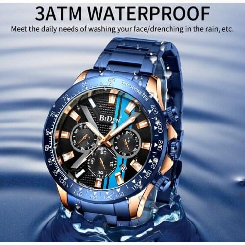 Mens Watch Blue Dial Stainless Steel Band Date Mens Business Male Watches Waterproof Men Wrist Watches Relogio Masculino