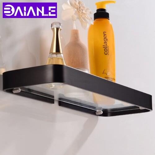 Black Bathroom Shelf Single Glass Aluminum Bathroom Shelves Shower Storage Rack Decorative Corner Shampoo Shelf Wall Mounted