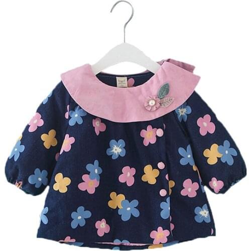 Children Winter Dress for Girls baby Dress A-line Flowers Print kids Warm Thick Clothes Christmas Clothing with Pearls 0-2Y