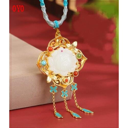 French thick gold craft s925 silver inlaid white jade flower pendant winter sweater chain vintage clan style Hetian jade pendant