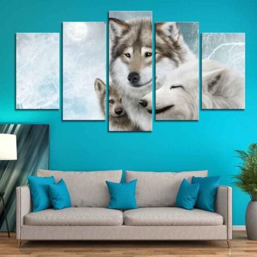 5 Pcs/Set Winter Wolf Animal Canvas Print Painting Modern White Wolf Wall Art Picture Modular For Home Decor Modern Poster