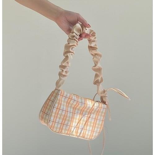 Plaid Fold Drawstring Handbag for Women 2021 New Girls Cute Nylon Small Shoulder Underarm Bag Retro Design Ladies Messenger Bags