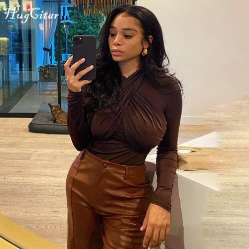 Hugcitar 2020 Long Sleve Solid Bandage Patchwork Bodycon Bodysuit Autumn Winter Women Fashion Sexy Streetwear Romper